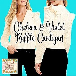 CHELSEA AND VIOLET RUFFLE SHOULDER CABLE KNIT BUTTON FRONT V NECK CARDIG…